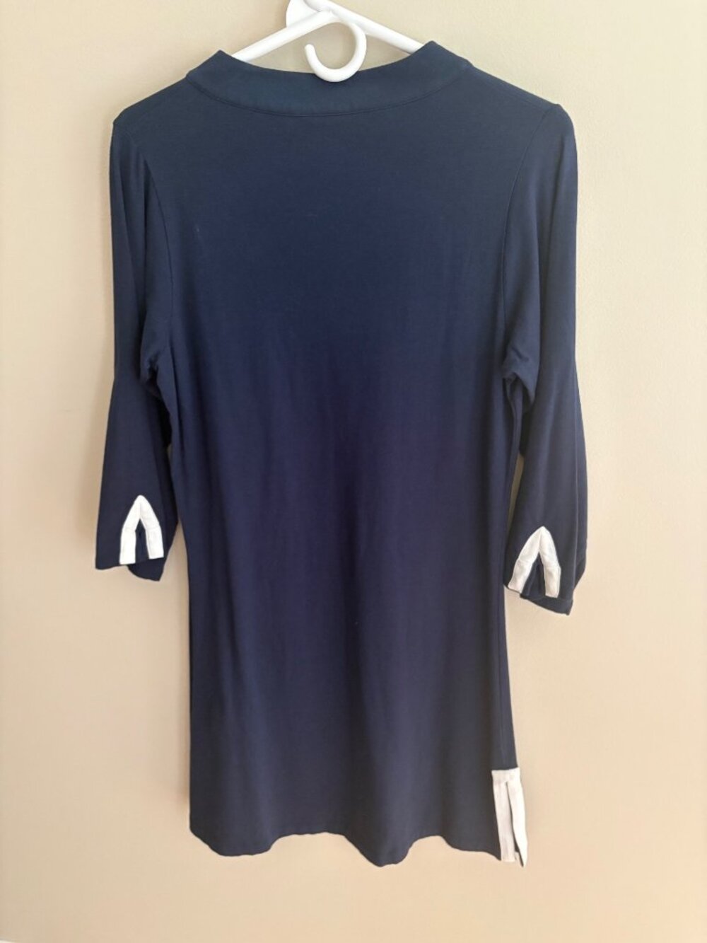 Duffield Lane Navy Tunic Dress Size Large White Trim 3/4 Sleeve Preppy Stretch - Picture 8 of 11